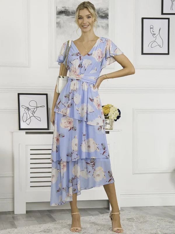 Maxi dresses with beaded embellishments for a fancy and luxurious eventElodie Tiered Mesh Maxi Dress, Blue Floral