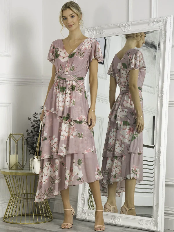 Maxi dresses with a ruffled neckline for a charming lookElodie Tiered Mesh Maxi Dress, Dusty Pink