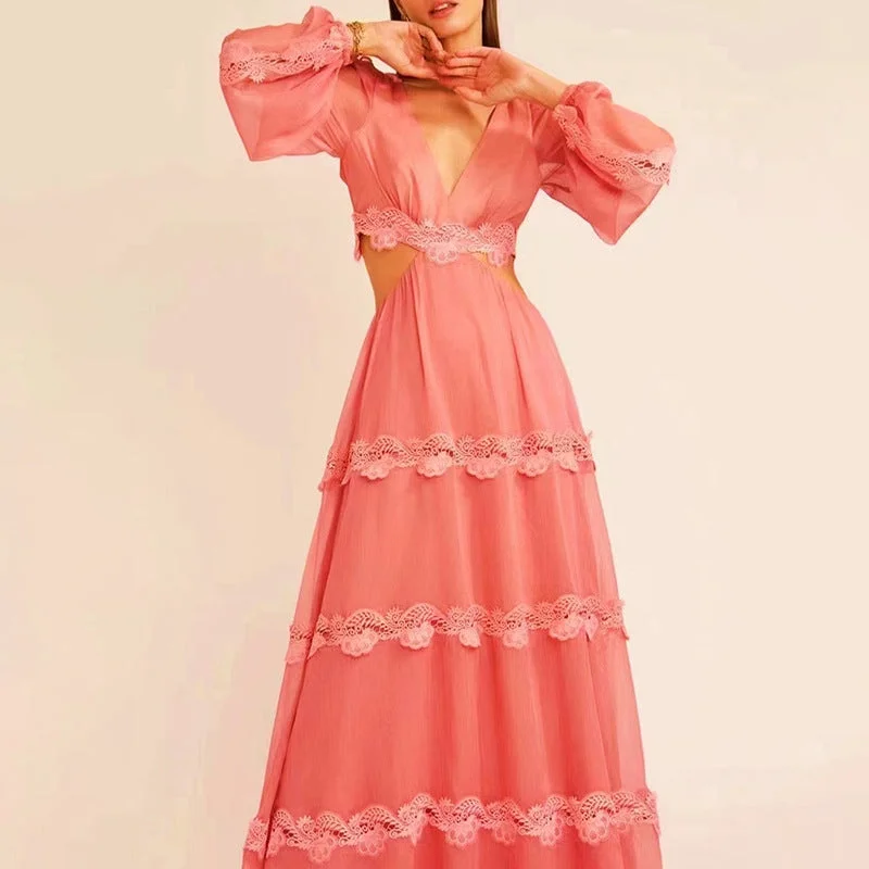 Maxi dresses with pocket details for added functionalityEmbroidered Long Skirt 2022 Autumn New Vestidos Verano V-neck Long-sleeved Hollow Out Waist Ruffle Dress