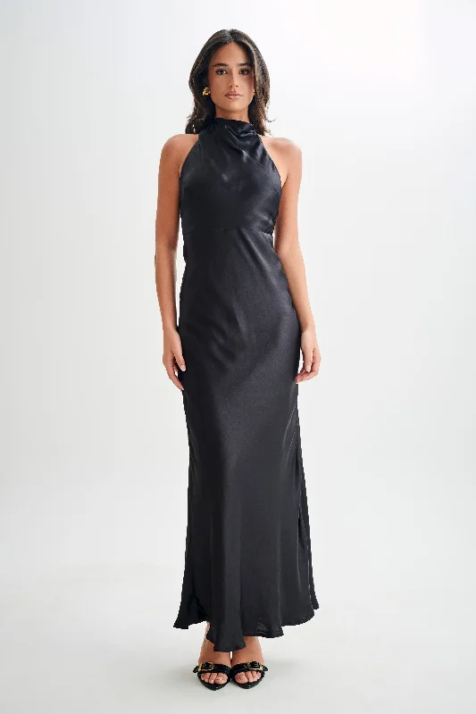Maxi dresses with thin spaghetti straps for a delicate and feminine feelEsther Iridescent Satin Cowl Maxi Dress - Black