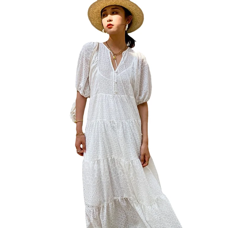 Plaid maxi dresses for fall fashion eventsFrench Holiday Temperament  White Embroidered Cotton Bohemian Maxi Dress Women