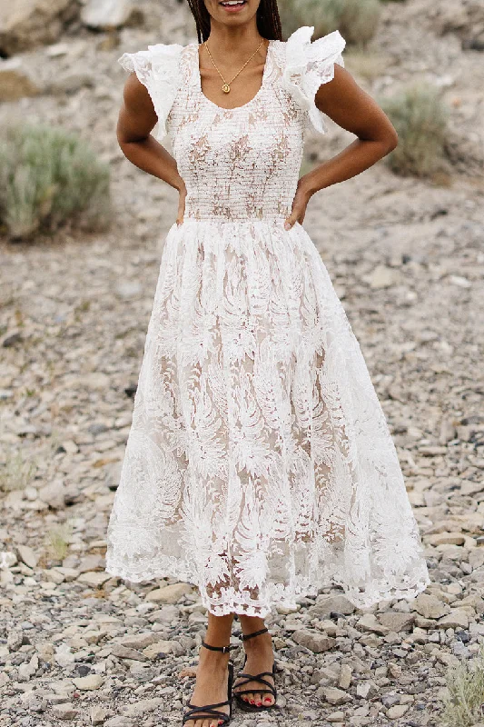 Ruffled maxi dresses with a tiered skirt for added volumeHattie Dress in White Lace