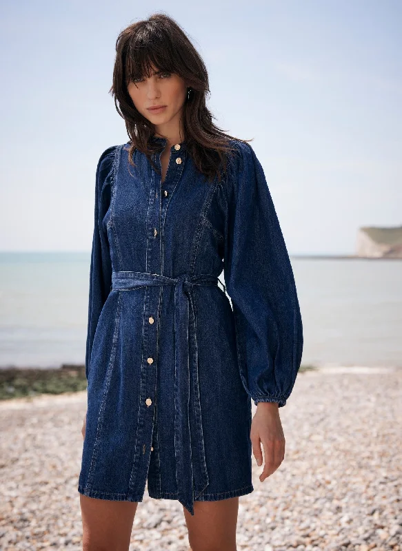 Maxi dresses with beaded embellishments for a fancy and luxurious eventIndigo Volume Sleeve Denim Mini Dress