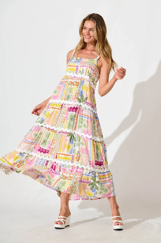 Maxi dresses with bow accents at the waist for a sweet appearanceJolie Maxi Sundress In Multi Palm Print With Ric Rac Trim