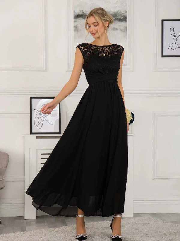 Polyester maxi dresses for easy - care and durabilityLace Bodice Chiffon Maxi Bridesmaid Dress, Black