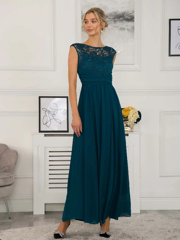 Leather maxi dresses for an edgy and bold appearanceLace Bodice Chiffon Maxi Bridesmaid Dress, Dark Teal