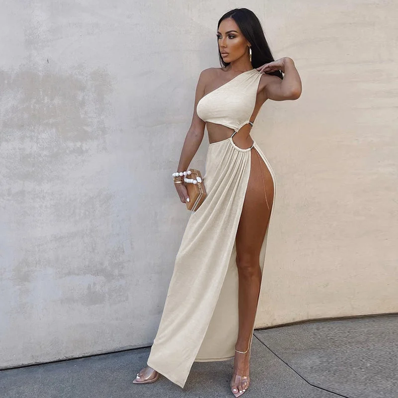 Maxi dresses with a V - neckline for a flattering and elongating shapeLagerfe1243 One Shoulder Hollow Out Hole Sexy Sleeveless Side Slit Women Elegant Maxi Dress Party Club Evening Wedding  Clothing