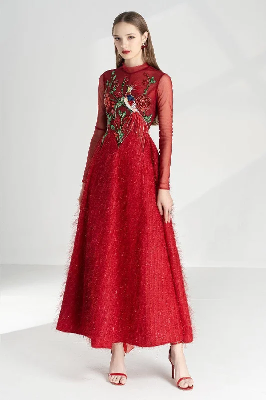 Metallic maxi dresses for a glamorous New Year's Eve partyLena A-line Flower Applique Silk Ankle Length Dress
