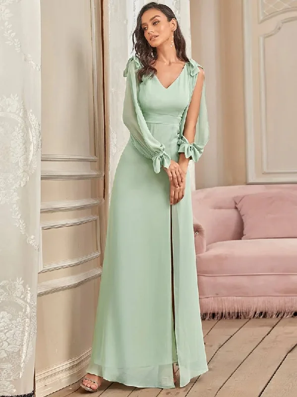 Linen maxi dresses for a breathable and lightweight summer optionBerriesJam - Long A-LINE V-Neck Full Sleeves Chiffon Bridesmaid Dress