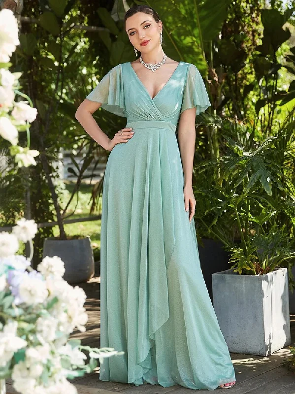 Maxi dresses with fringe trim for a bohemian vibeBerriesJam - Long Asymmetrical Short Sleeve V-NecK Ruffles Party Dress