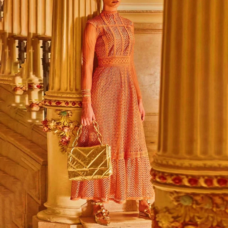 Maxi dresses with polka dot prints for a playful styleLong Dress 2022 Summer New Fashion Vestidos Fiesta Round Neck Heavy Industry Hollow Sleeveless High Waist Dress
