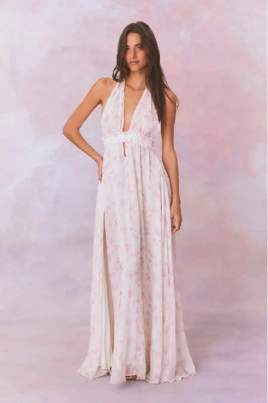 Maxi dresses with a ruffled neckline for a charming lookLove Fragrance Halter Maxi Dress- STERLING DUSK