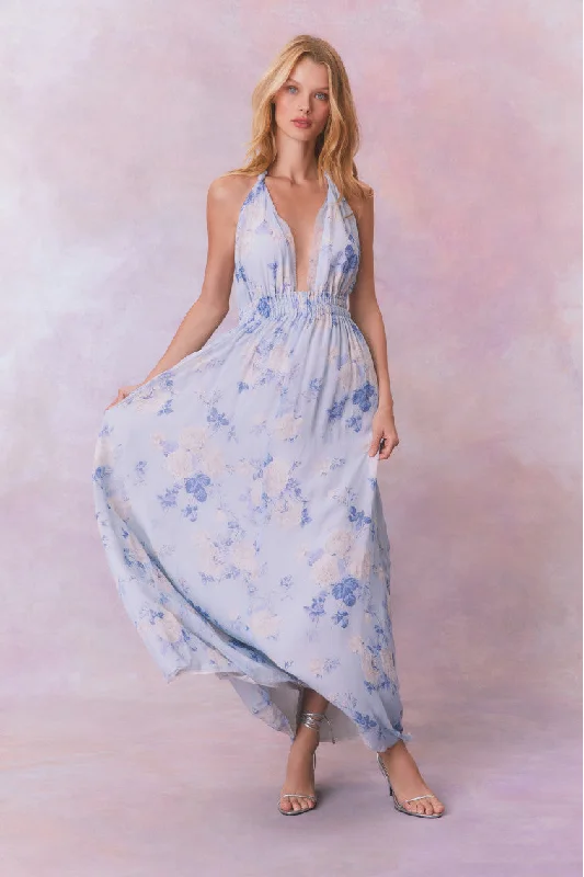Maxi dresses with pom - pom trims for a playful and festive lookLove Fragrance Halter Maxi Dress-WHISPER BLUE