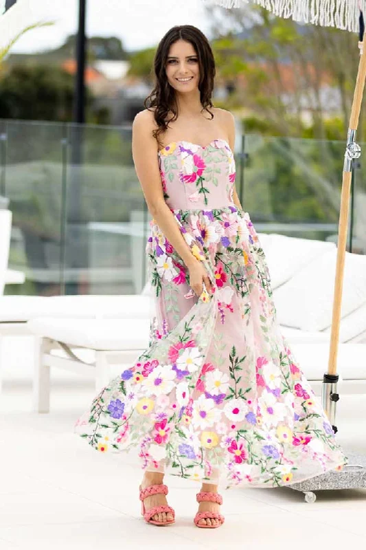 Strapless maxi dresses for a beachside vacationMarsha Floral Embroidered Maxi Dress