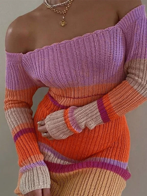 Maxi dresses with off - the - shoulder styles for a romantic and breezy lookColor Block Stripe Knitted Maxi Dress