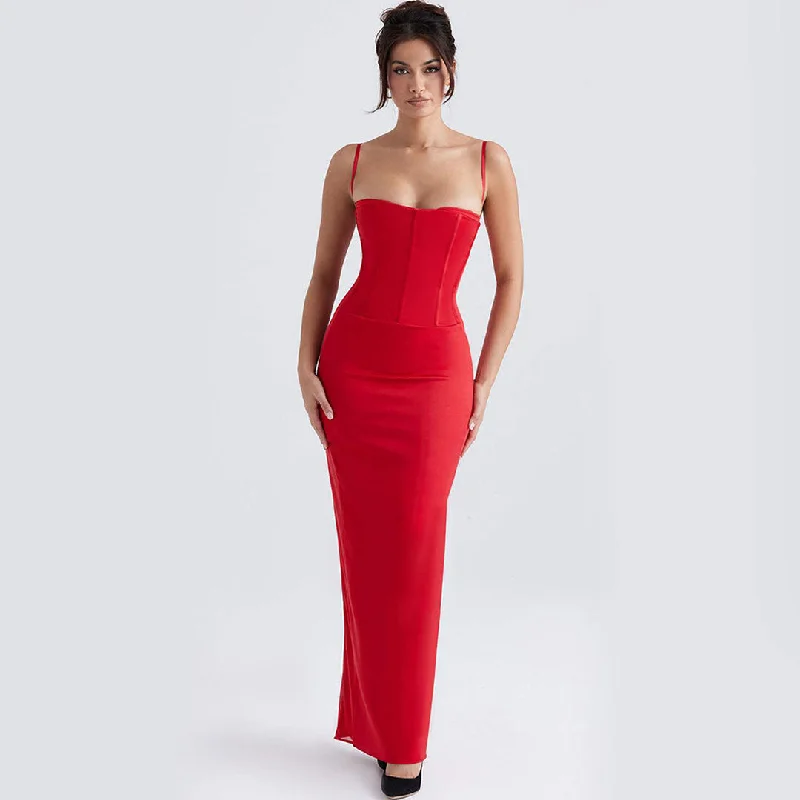 Maxi dresses with a criss - cross back for a flirty and unique detailSleeveless Corset Evening Maxi Dress - Red