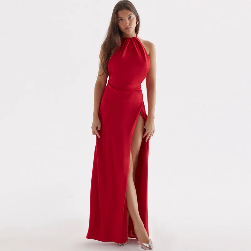 Maxi dresses with one - shoulder designs for a stylish and asymmetric lookHigh Split Sleeveless Evening Maxi Dress - Red