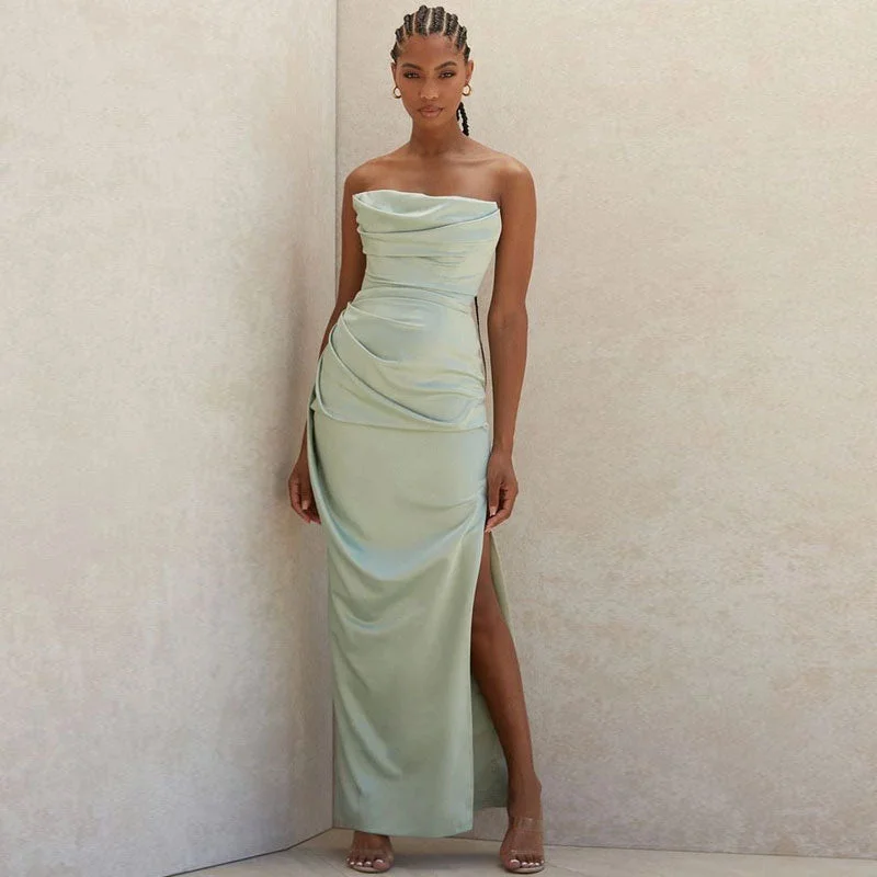 Maxi dresses with thin spaghetti straps for a delicate and feminine feelCowl Neck Strapless Slit Maxi Evening Dress - Green