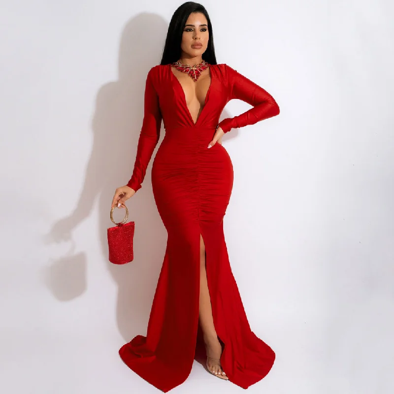 Maxi dresses with thin spaghetti straps for a delicate and feminine feelFabulous Ruched Deep V Long Sleeve Split Trim Fishtail Formal Maxi Dress - Red