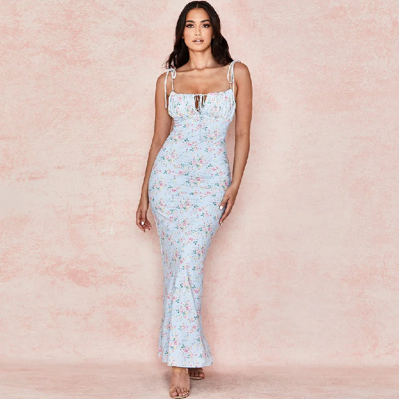 Maxi dresses with a belted empire waist for a more defined and flattering silhouetteDaisy Printed Floss Strap Tied Bustier Slip Maxi Dress - Blue