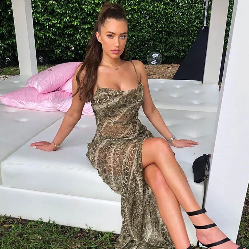 Maxi dresses with an asymmetric hem for a fashion - forward and eye - catching designAnimal Print Cowl Sheer Chiffon Slit Slip Maxi Dress - Snake