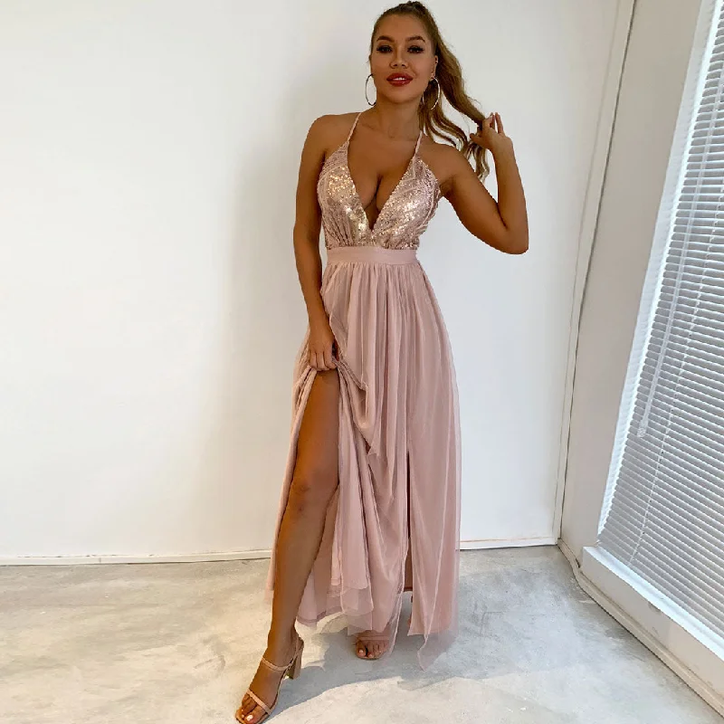 Maxi dresses with a cinched waist for a defined silhouetteSparkly Sequin Panel Mesh Deep V Evening Maxi Dress - Champagne