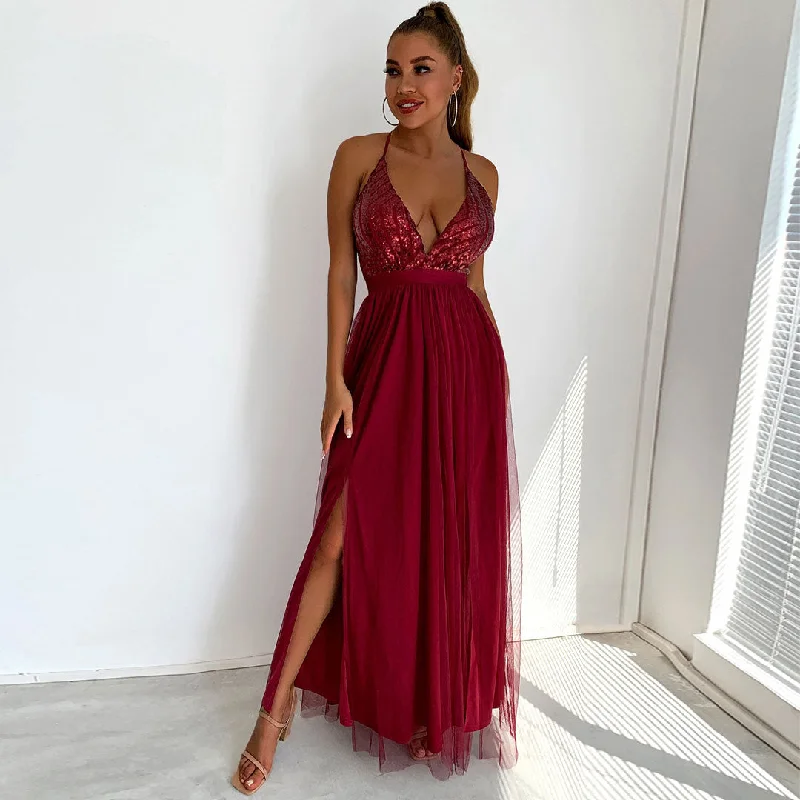 Sequined maxi dresses for formal evening galasSparkly Sequin Panel Mesh Deep V Evening Maxi Dress - Burgundy