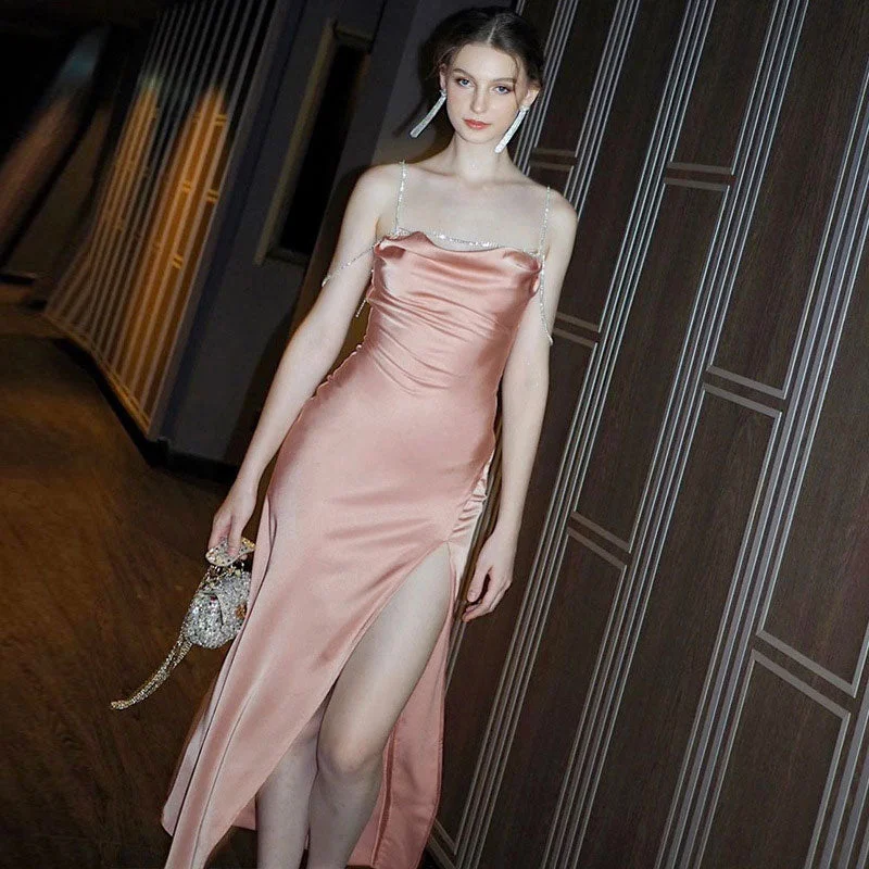 Linen maxi dresses for a breathable and lightweight summer optionSparkly Rhinestone Trim Cowl Neck High Split Maxi Dress - Pink