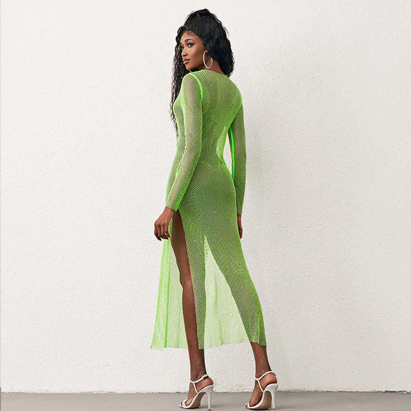 Sequined maxi dresses for formal evening galasSparkly Fishnet Crystal Embellished Long Sleeve Maxi Dress - Neon Green
