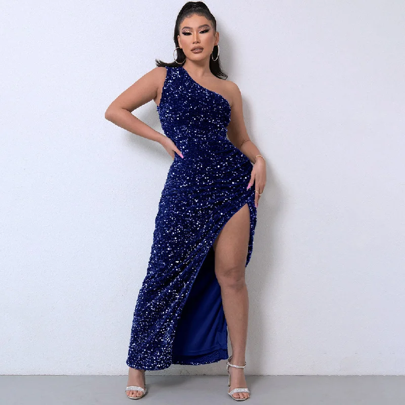 Maxi dresses with tassel accents for a fun and lively touchShimmery Sequin High Split One Shoulder Gown Maxi Dress - Royal Blue
