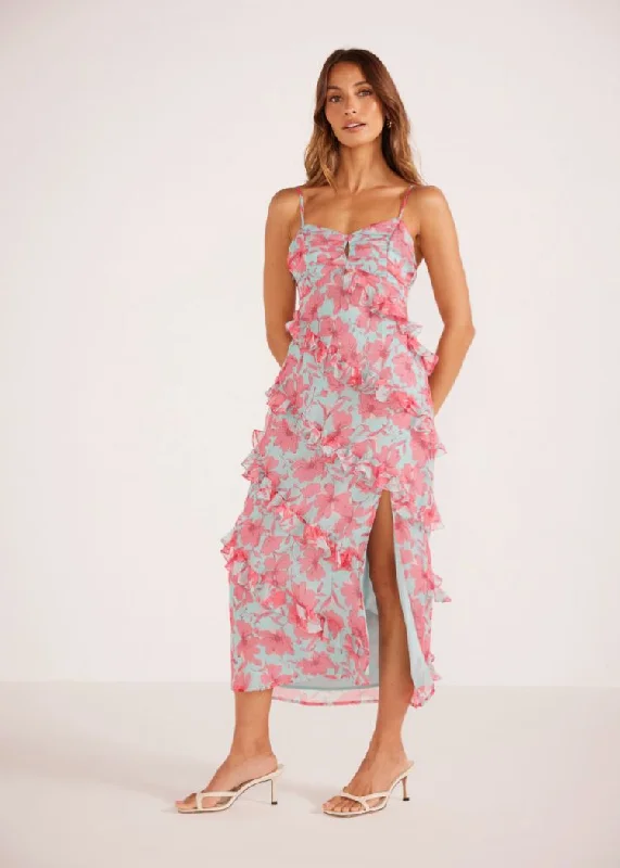 Animal print maxi dresses for a statement - making outfitMINKPINK Auretta Ruffle Midi Dress - Pink Floral ***FINAL SALE***