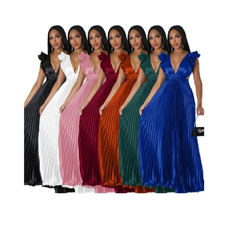 Maxi dresses with a wrap - around style for a customizable fitmodest elegant accordion satin miyake pleated fashion long maxi dress women backless bondage pleated evening dress for women