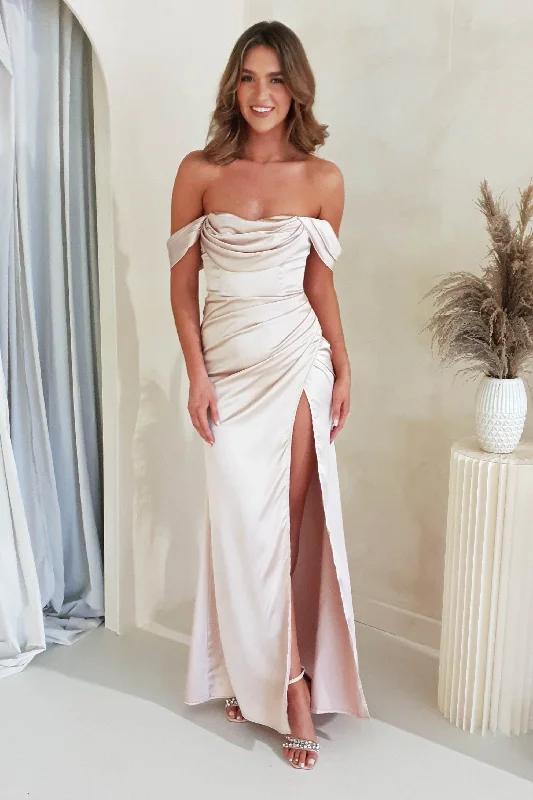 Maxi dresses with tassel accents for a fun and lively touchMonica Off The Shoulder Gown | Champagne