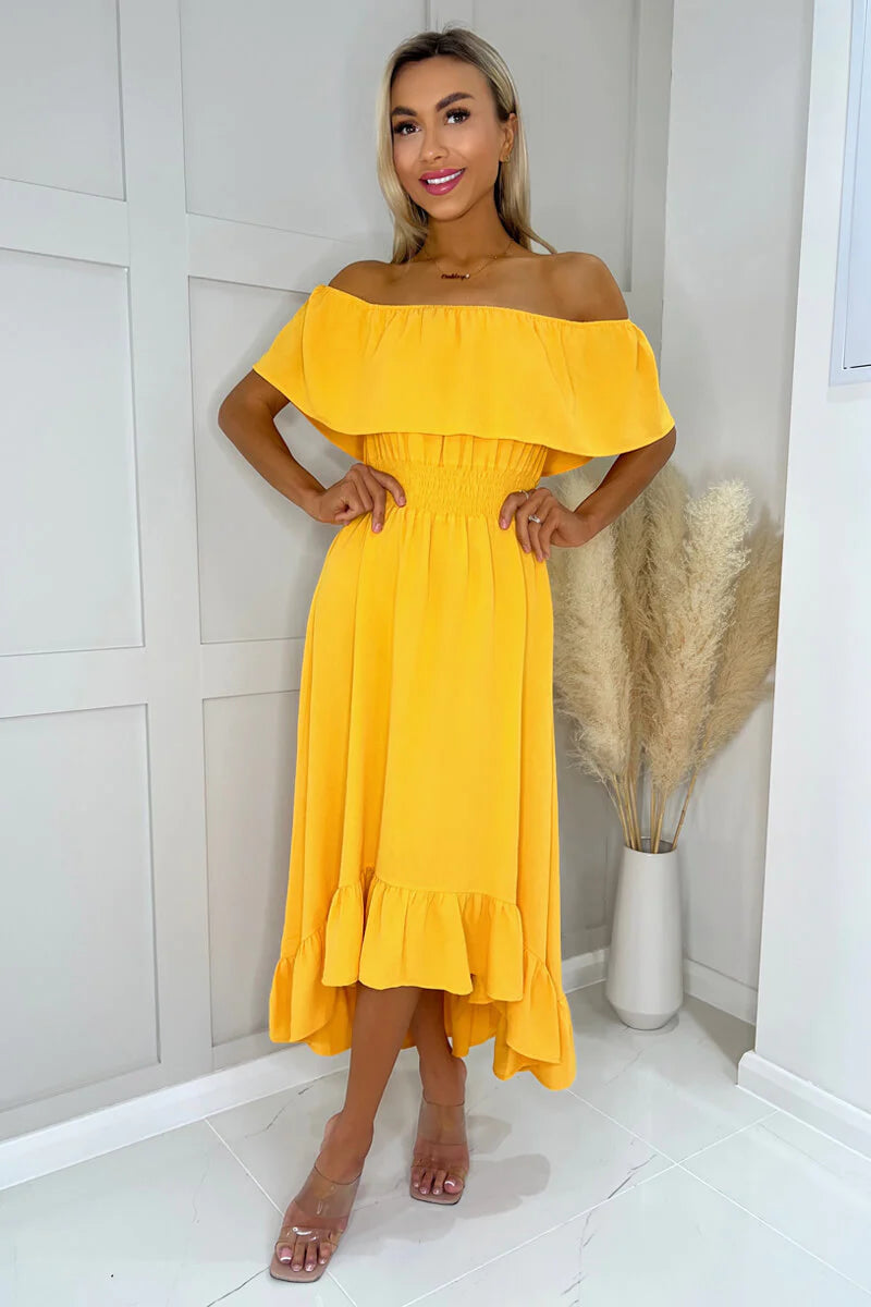 Maxi dresses with an empire waist for a flattering fit on all body typesOla Yellow Bardot Style Midi Dress