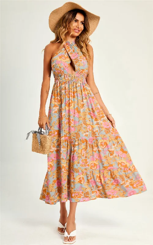 Animal print maxi dresses for a statement - making outfitPink Flora Print Halter Neck Tie Back Maxi Dress In Grey