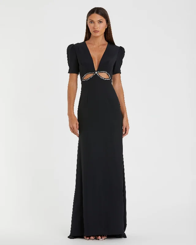Maxi dresses with thin spaghetti straps for a delicate and feminine feelPlunge Neck Puff Sleeve Cut Out Gown