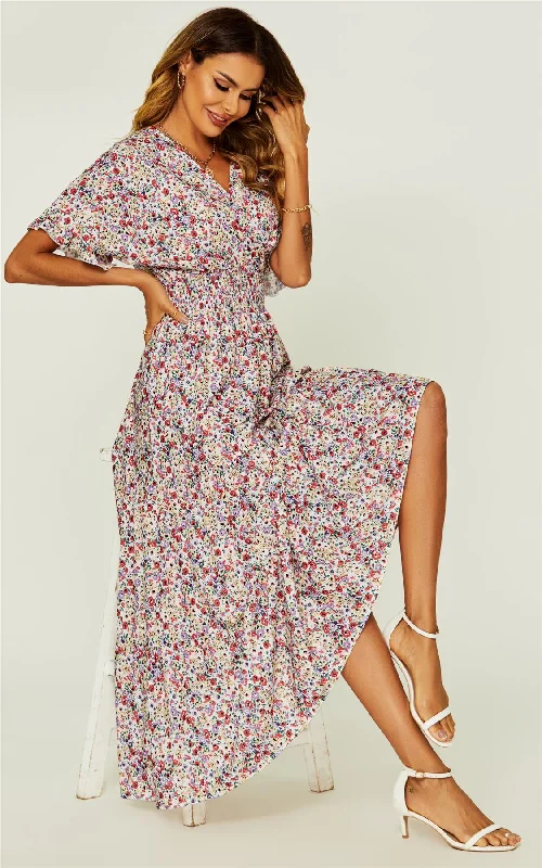 Maxi dresses with cut - out details on the sides for a modern edgePretty Flora Relax Angel Sleeve Maxi Dress In Beige