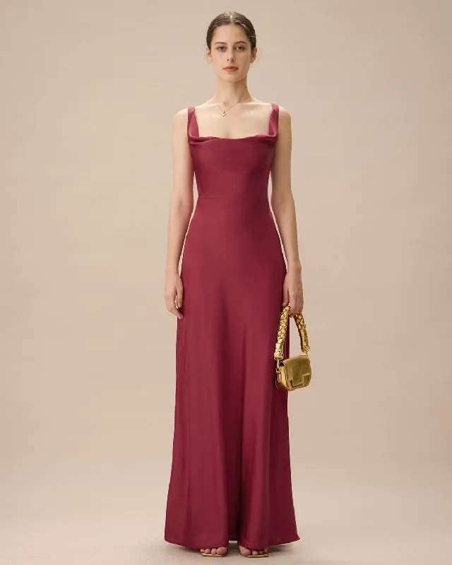 Polyester maxi dresses for easy - care and durabilityRed Cowl Neck Sheath Satin Maxi Dress