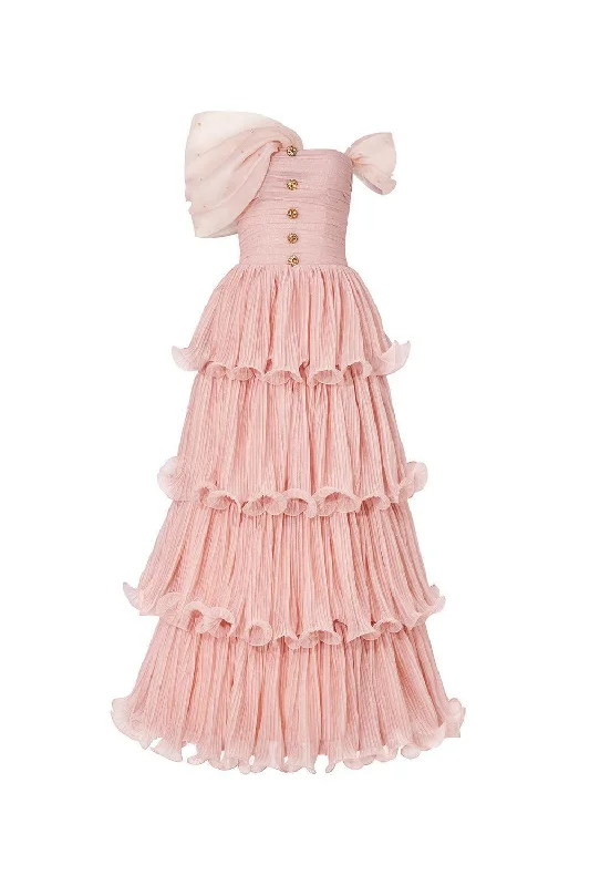 Maxi dresses with a button - down front for a classic lookRosabella Layered Off-Shoulder Tulle Floor Length Dress