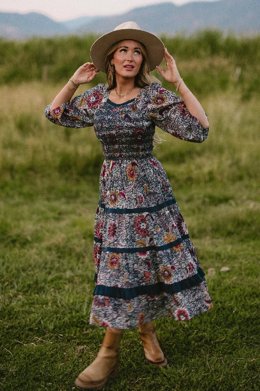 Maxi dresses with cold - shoulder cutouts for a trendy lookRoselyn Dress in Navy Floral