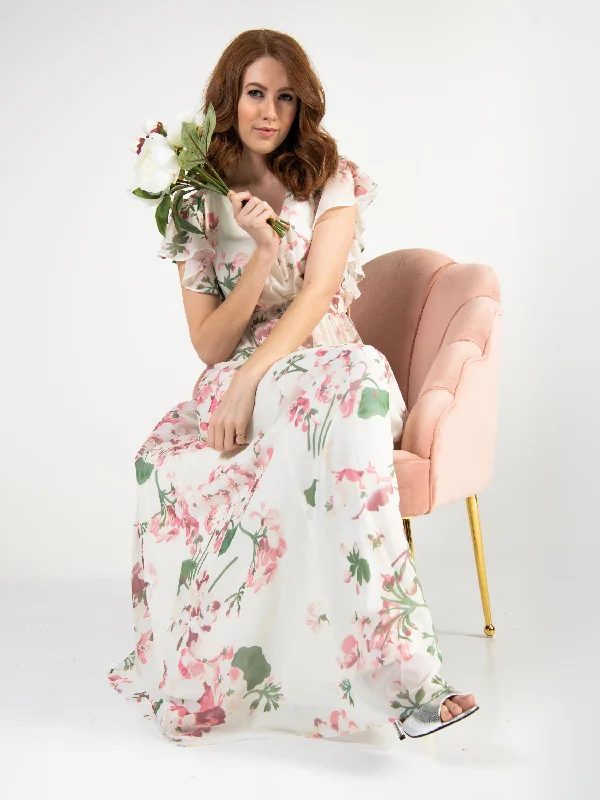 Maxi dresses with an asymmetric hem for a fashion - forward and eye - catching designRuffle Sleeved Chiffon Maxi Dress, Cream Floral