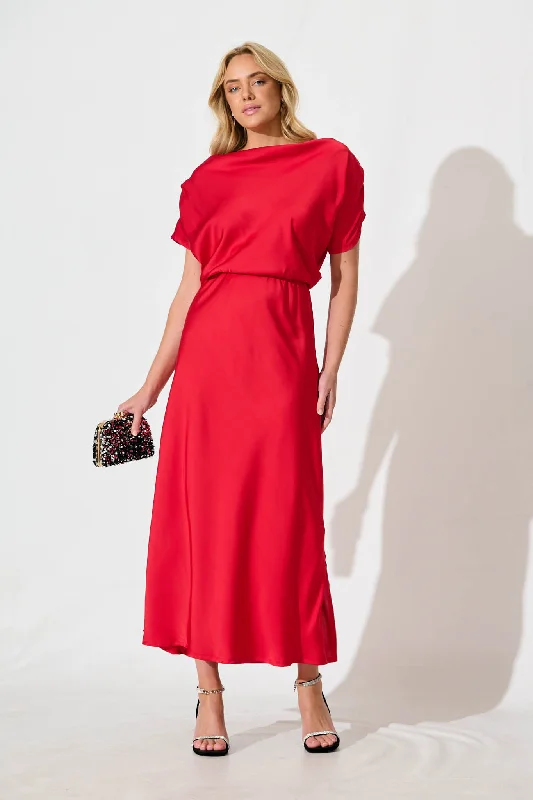 Satin maxi dresses with a high - low hem for a modern twistSarita Maxi Off Shoulder Dress in Red Satin Satin maxi dresses with a high - low hem for a modern twistSarita Maxi Off Shoulder Dress in Red Satin