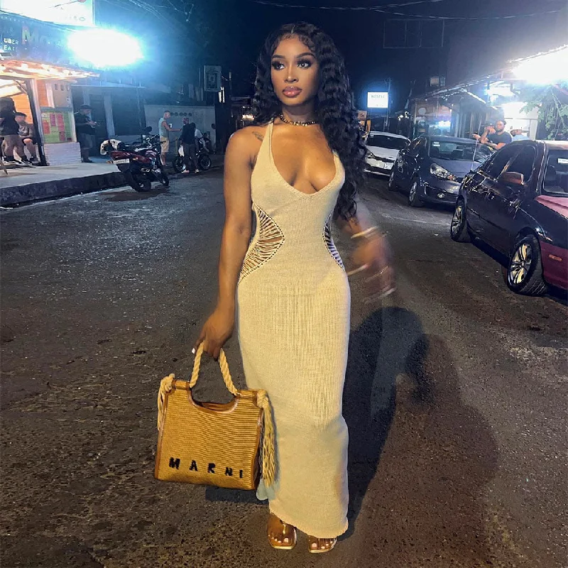 Maxi dresses with patchwork designs for a one - of - a - kind styleSharee Wholesale Clothing 2023 Summer U Neck Bodycon Knitting Dresses Ladies Clothing Sleeveless Hollow Maxi Dress For Women