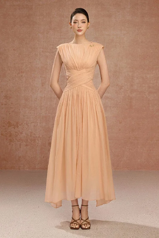 Maxi dresses with geometric prints for a contemporary aestheticSofia Gathered Boat Neck Pearl Foam Voile Ankle Length Dress