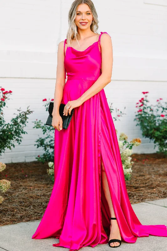 Maxi dresses with a criss - cross back for a flirty and unique detailSteal The Show Fuchsia Lipstick Pink Satin Maxi Dress