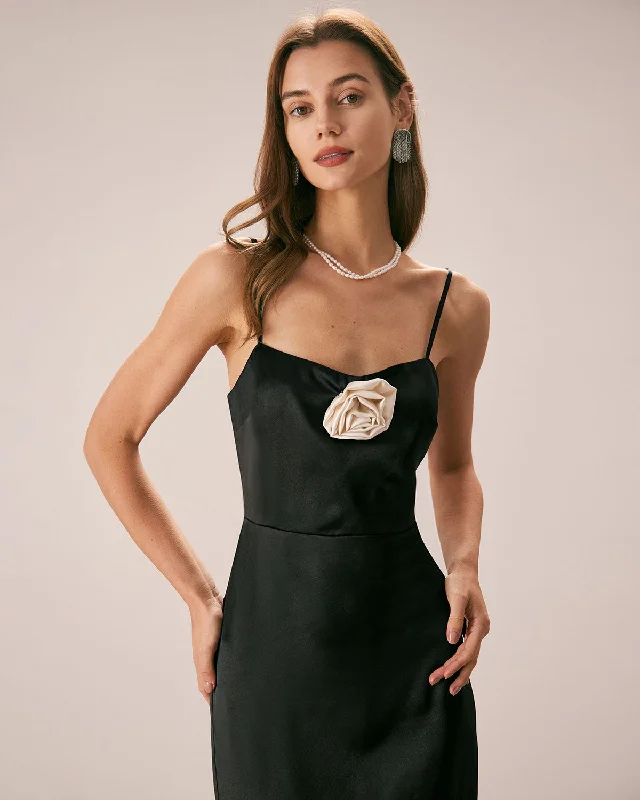 Maxi dresses with thin spaghetti straps for a delicate and feminine feelThe Black Rosette Satin Strap Maxi Dress Maxi dresses with thin spaghetti straps for a delicate and feminine feelThe Black Rosette Satin Strap Maxi Dress