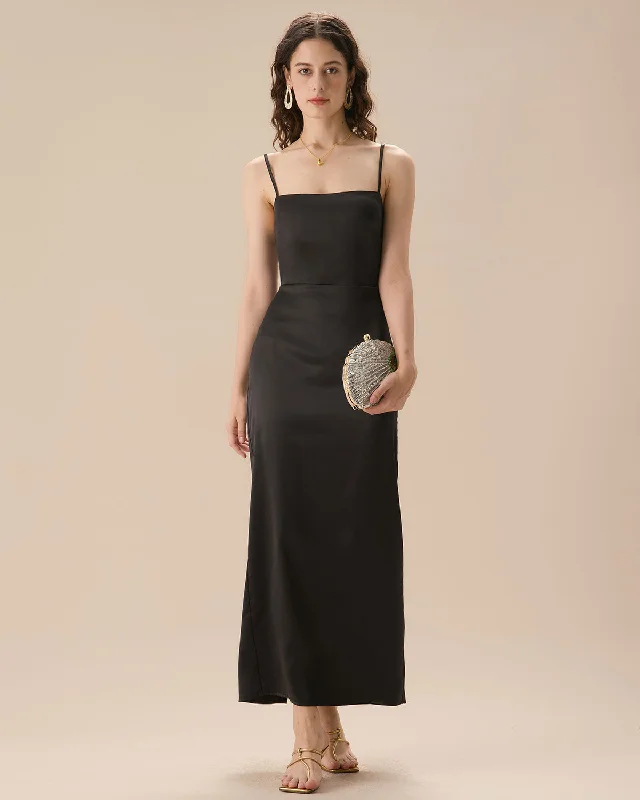 Maxi dresses with a button - down front for a classic lookBlack Satin Slip Maxi Dress