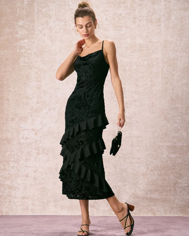 Metallic maxi dresses for a glamorous New Year's Eve partyThe Black V-Neck Ruffle Tiered Maxi Dress