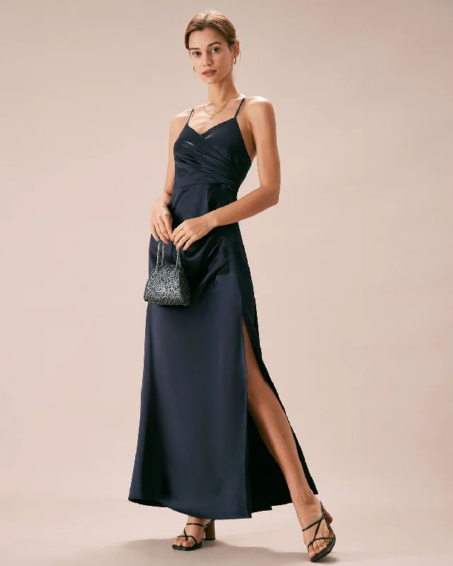 Maxi dresses with a ruffled neckline for a charming lookThe Navy V-Neck Ruched Satin Sling Maxi Dress Maxi dresses with a ruffled neckline for a charming lookThe Navy V-Neck Ruched Satin Sling Maxi Dress