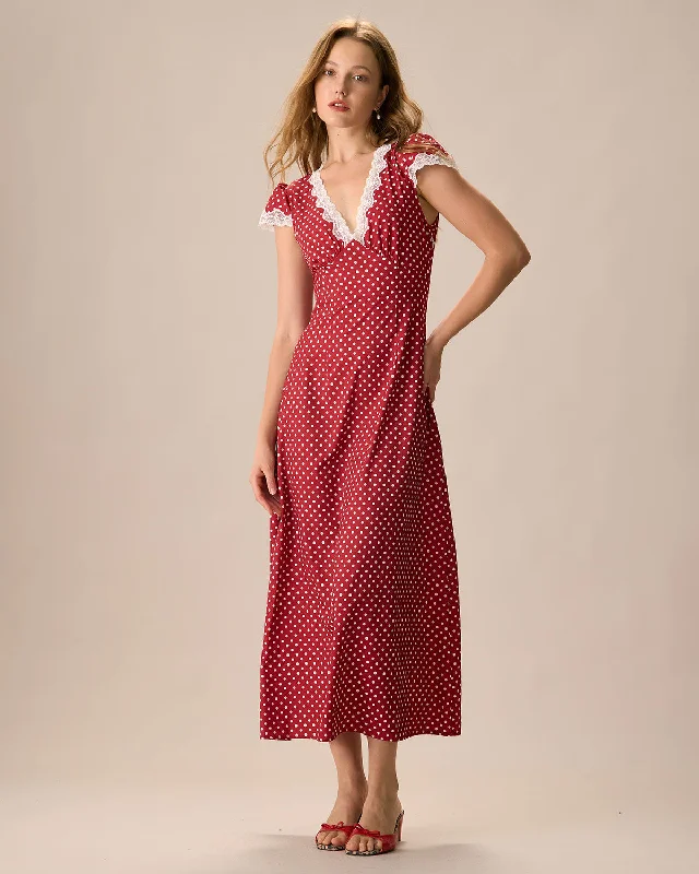 Sequined maxi dresses for formal evening galasThe Red V Neck Polka Dot Lace Ruched Maxi Dress